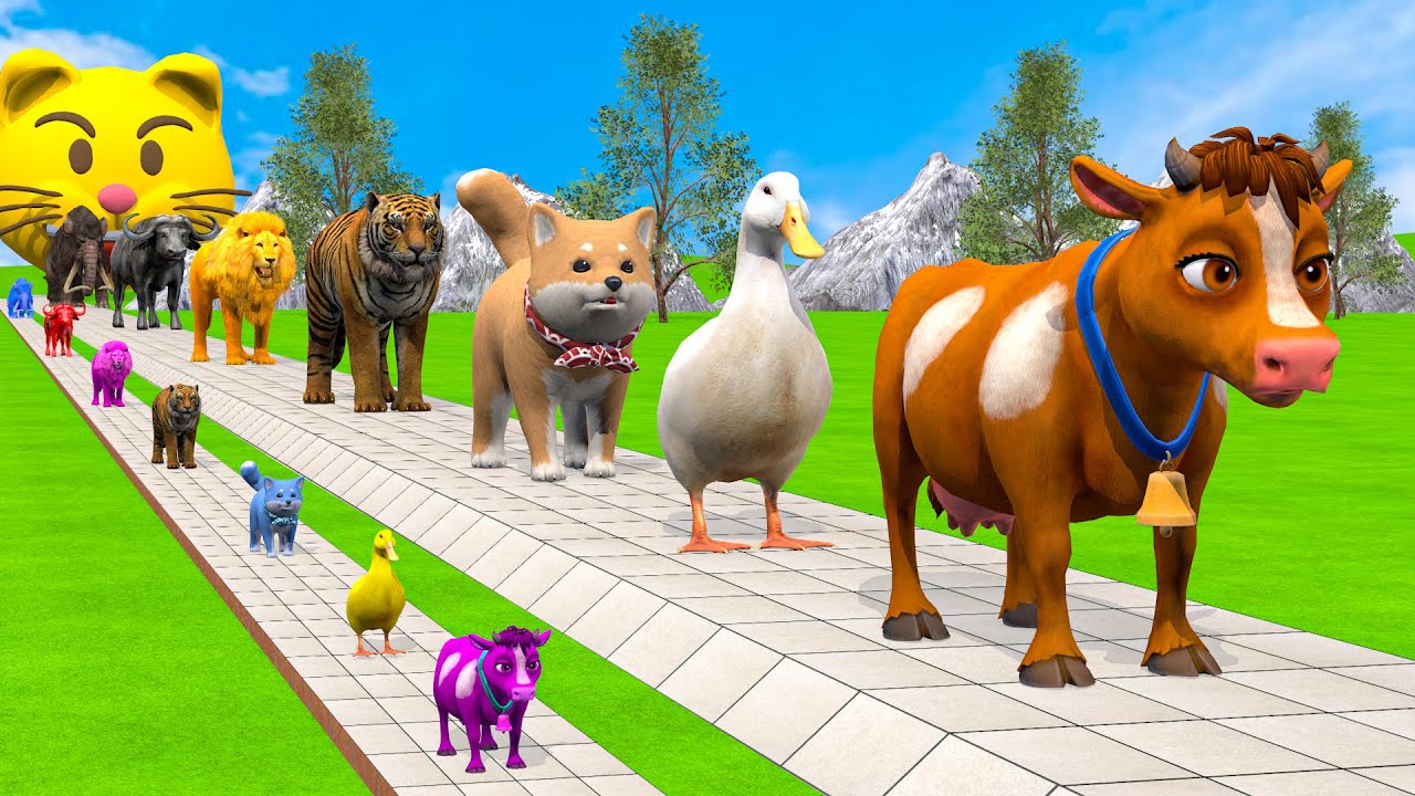 Long Slide Game With Cow Elephant Gorilla Hippopotamus Tiger - 3d Animal Game - Funny 3d Animals