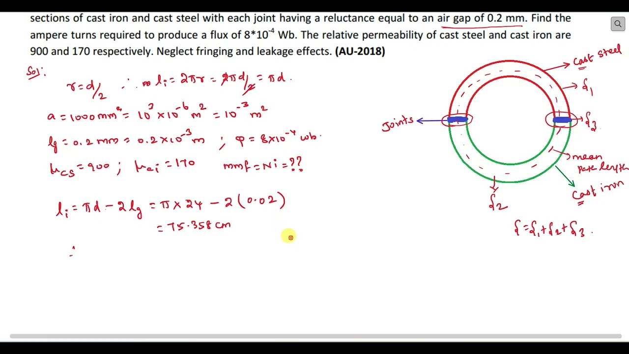 9.The ring is made up of semicircular sections of cast iron & cast steel. Find ampere turns required