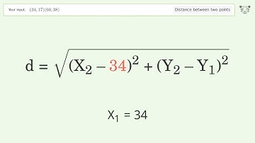 Find the distance between two points p1 (34,17) and p2 (60,38): Step-by-Step Video Solution