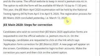 Jee main 2020: application correction window opens, check direct link
here