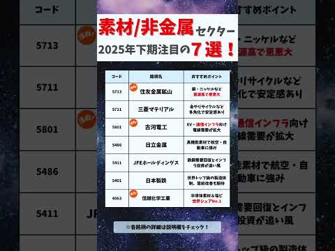 【今がアツい】2025年後半の本命は素材株だ！注目7銘柄を一気見！#お金#お金の勉強#投資#資産運用#株式投資#高配当#高配当株#日本株#年収#shorts