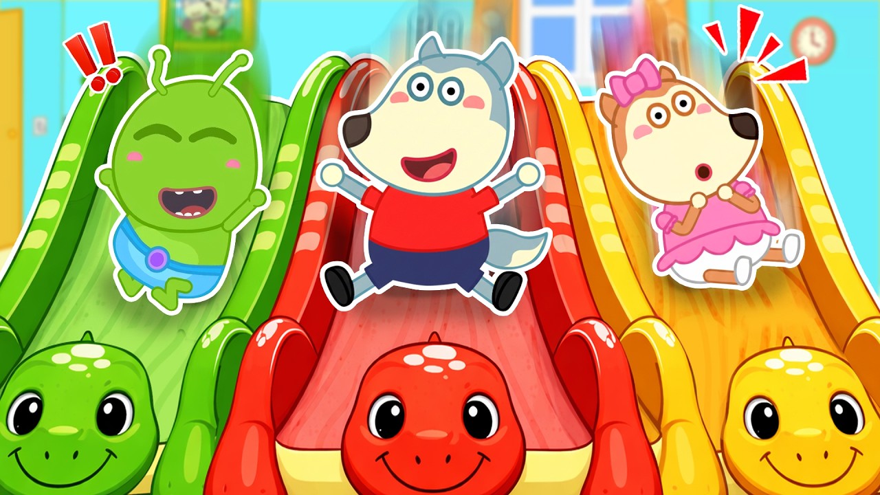 Baby Rides Colorful Dinosaur Slides for Kids! 🦕 Wolfy - Baby Cartoons