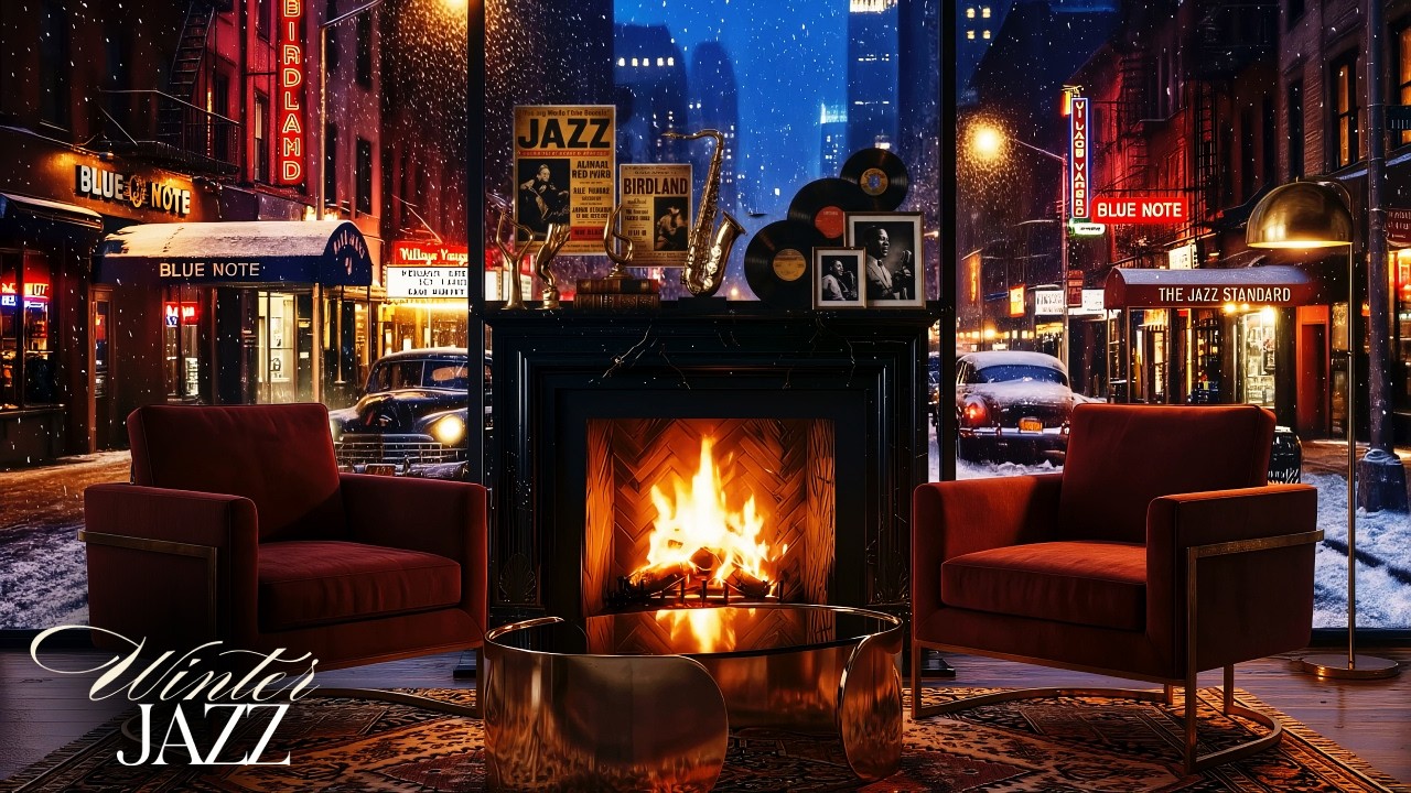 New York Jazz Fireplace Ambience ❄️ Cozy Winter Café Evening with Relaxing Jazz & Crackling Fire