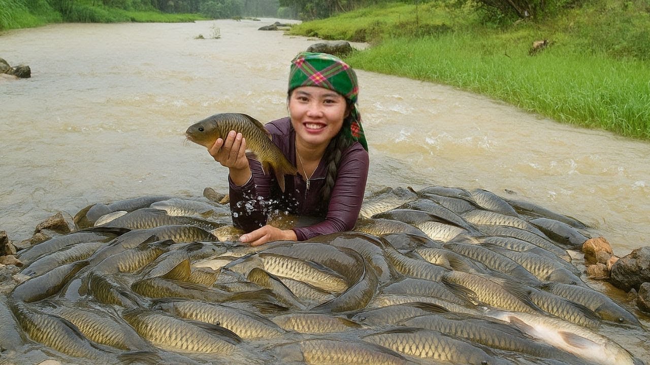 Taking daughter to school - With young son, harvesting giant fish to sell at market