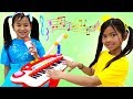 Emma & Jannie Pretend Play with Guitar and Drums for Surprise Birthday Party