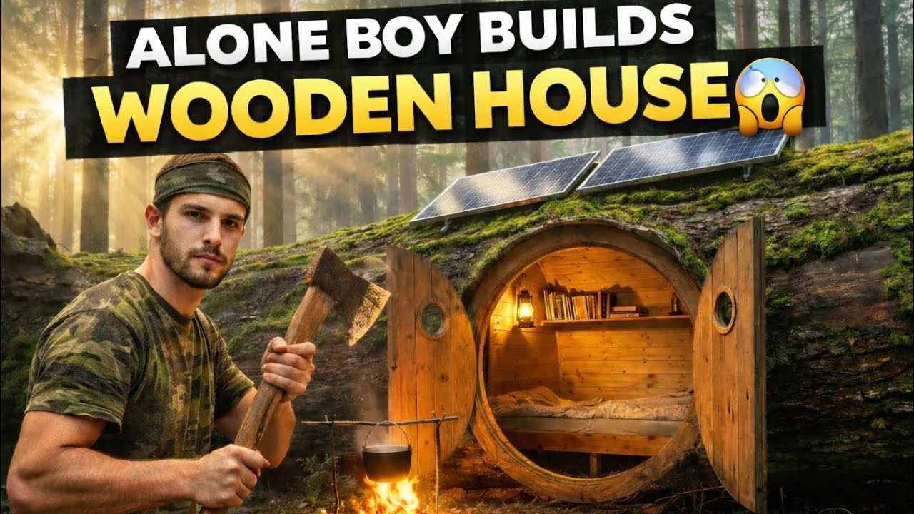 Alone Boy Builds a Beautiful Wooden House in Deep Forest 🌲 | Full Survival Build 