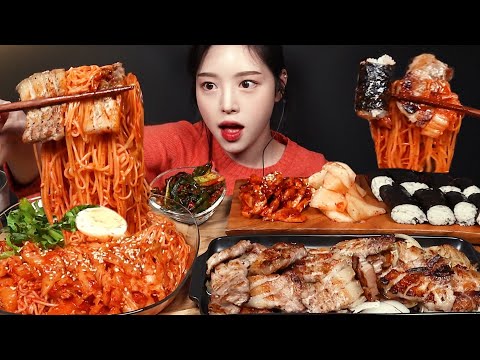 SUB)焼きサムギョプサル エノキダケに辛いキムチヌードルのモッパン！のり巻きまで mukbang Asmr