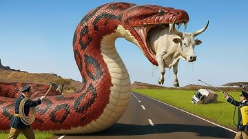 Brave Heroes Save Careless Mother COW from Giant Python Attack After a Traffic Disaster