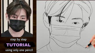 How to draw BTS V Step by step - BTS Drawing Tutorials 💜 Boy Drawing wearing Mask |YouCanDraw
