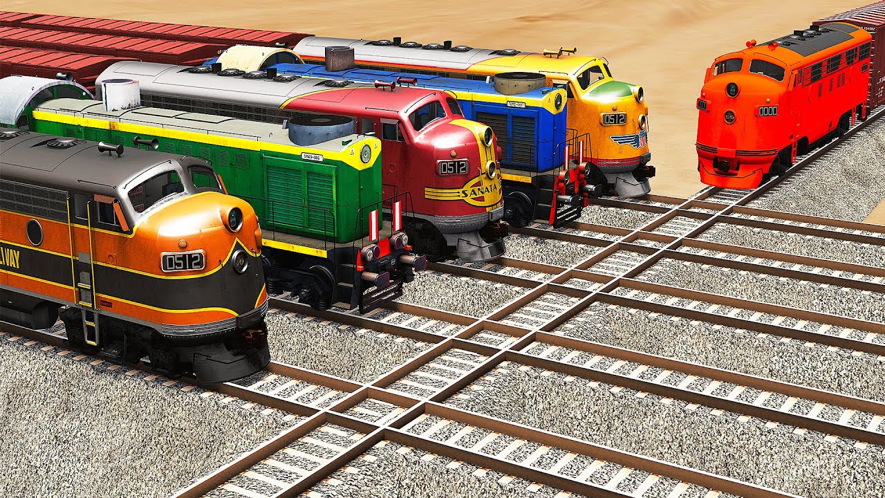 Five Trains vs Orange Train Impossible Crossing - BeamNG.Drive