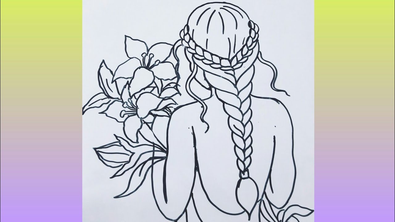how to draw a girl standing with flowers | draw a girl step by step ...