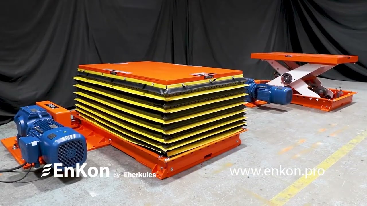 v1568 02 enkon belt drive scissor lift table vertical robot pallet roller conveyor transfer factory