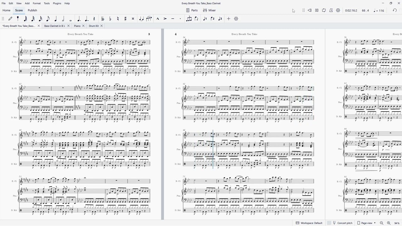 Every Breath You Take (Sting).  Music for bass clarinet ,piano, and drums.