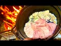 【大人BBQ】焚火で巨大あん肝、牡蠣、白子の痛風スンドゥブチゲ！