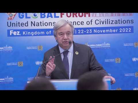Un chief press stakeout at the 9th global forum of the unaoc in fez, morocco