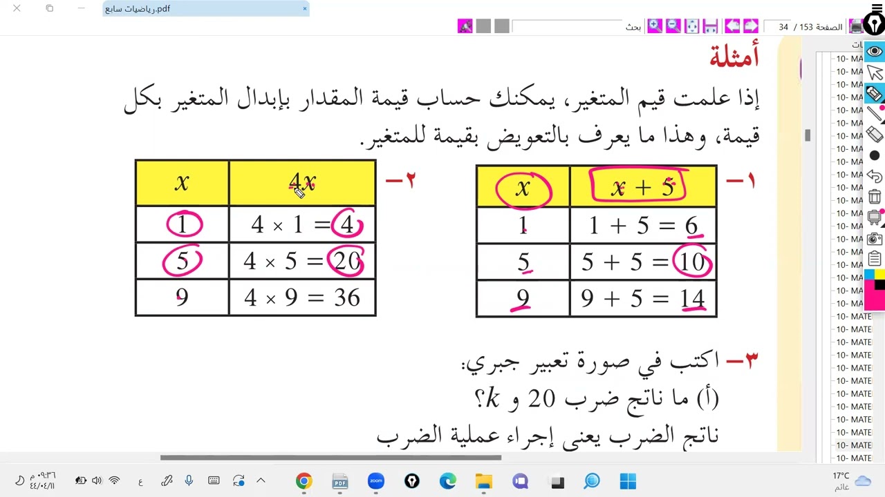 المتغيرات و التعابير الجبرية ( الصف السابع)