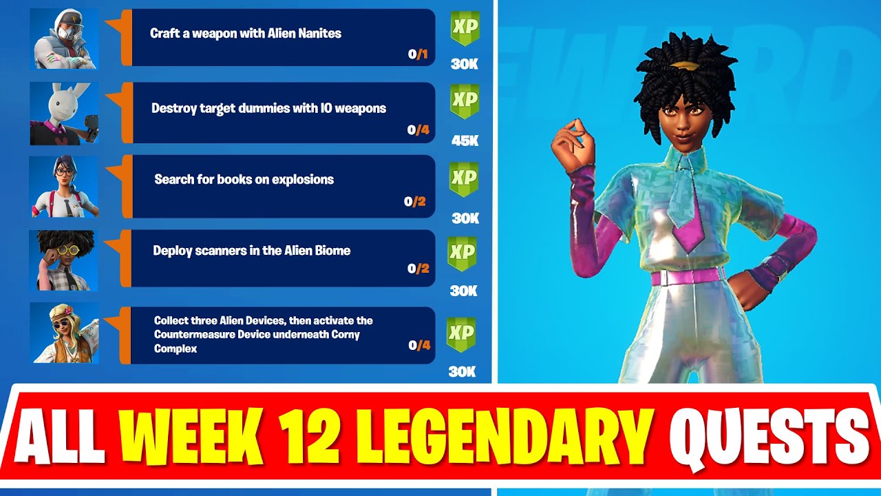 All Week 12 Legendary Quest Challenges Fortnite - Target dummies, Deploy scanners, Alien Devices