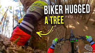 Biker Landed on the Front Wheel, Lost the Grip Then Fell and Hugged a Tree
