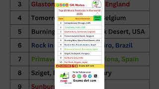 Top 10 Music Festivas in the world | Current Affairs GK I GK for Competitive Exams #Shorts #gk #quiz
