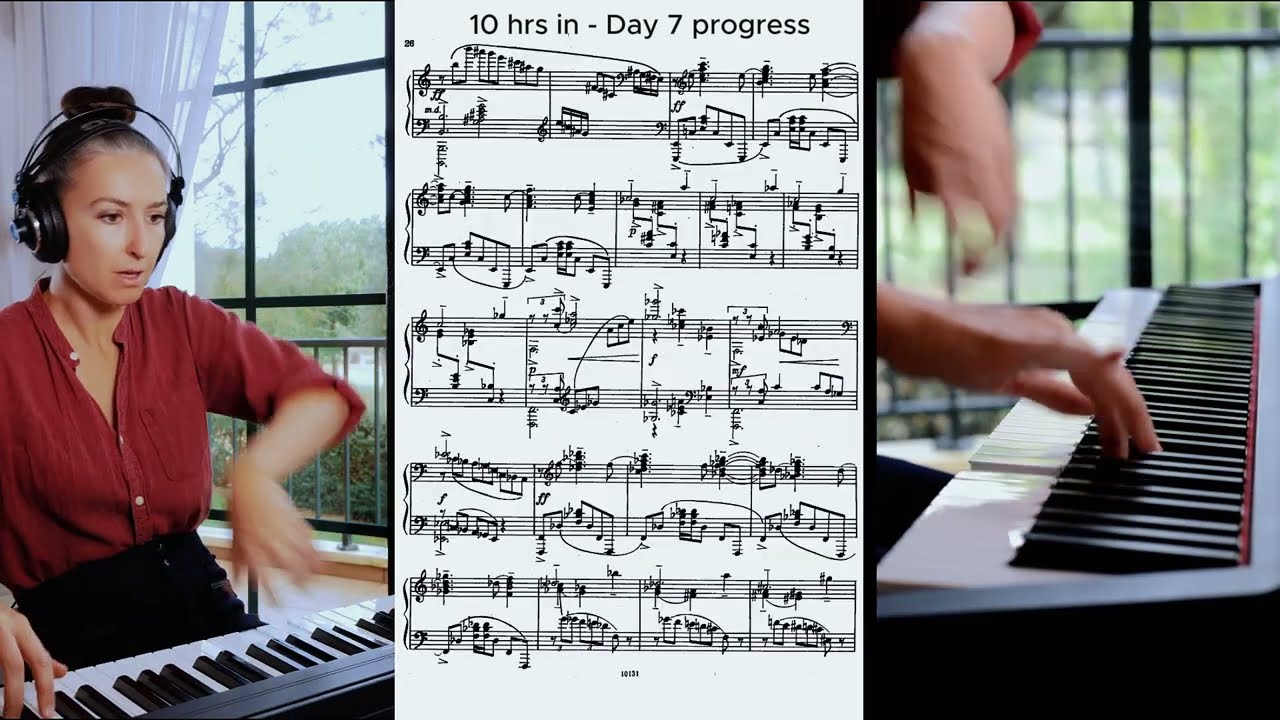 In review practice of Sergei Rachmaninoff Piano Sonata No. 2 in B-flat minor, Movement III — Middle section using inner hearing, movement and technical refinement.
