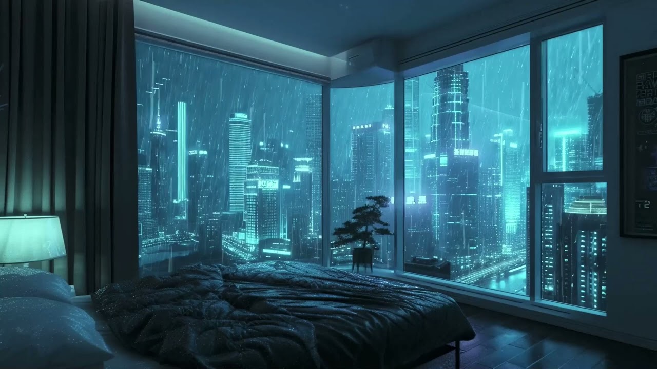 TechnoTopia | Light Blue Room City Lights View | Chill Rain Sounds For Studying And Sleep | 1 Hour