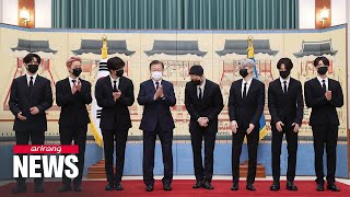 Moon gives appointment certificates to BTS tapped as special envoys for future generation