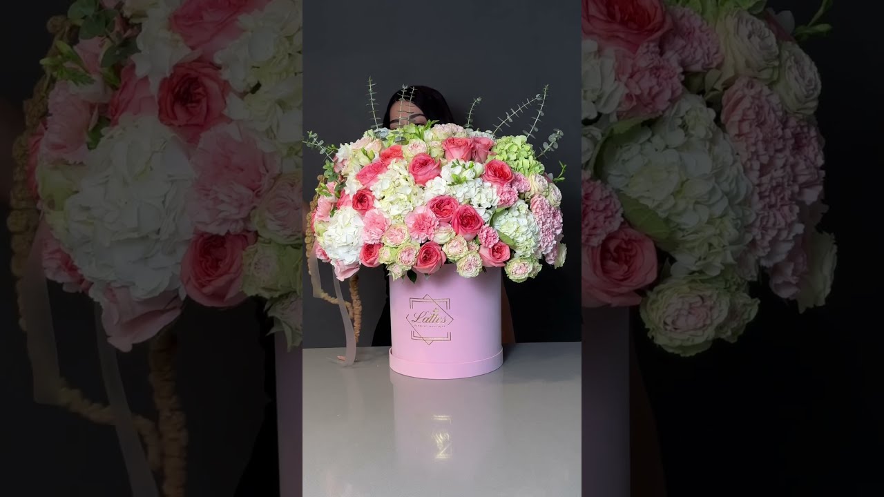 Elegant Floral Box With Pink Roses Hydrangea And Eucalyptus Florist Flowers Flower Flowershop