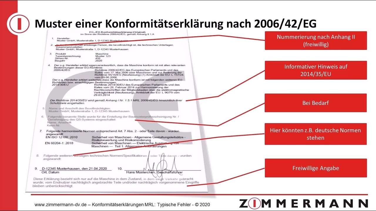 Typische Fehler In Konformitatserklarungen Nach Maschinenrichtlinie 2006 42 Eg Youtube