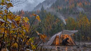 Heavy Rain Camp in the Mountains with my Dog | Cozy Hot Tent & Wood Stove