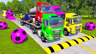 Double Flatbed Trailer Truck vs Speedbumps Train vs Cars | Tractor vs Train Beamng.Drive 090