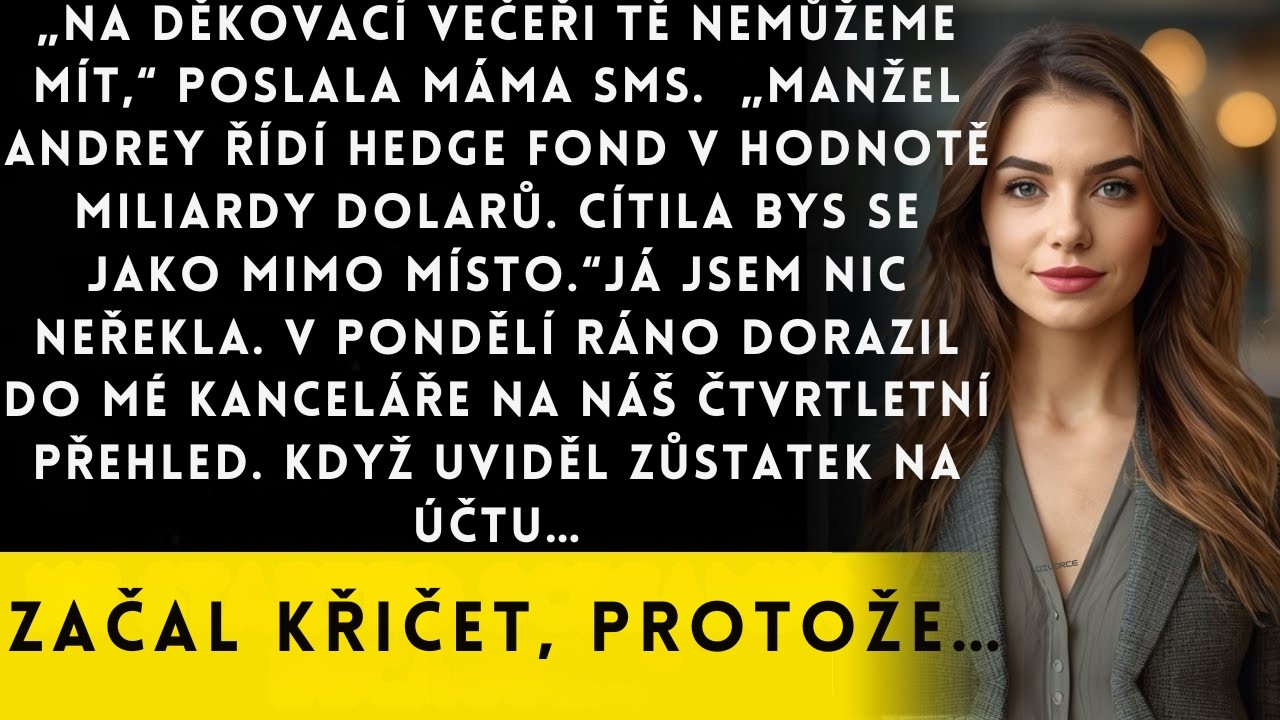 Telefon mi pípnul v úterý v 9:47 ráno a já jsem zírala na zprávu od mámy, která mi oznamovala, že na Díkůvzdání nemám přijít, protože Andrea přivede svého nového manžela Markuse, úspěšného...