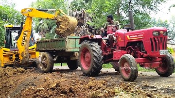 Jcb 3dx Backhoe Loader Machine Loading Mud in Mahindra 265 Di and John Deere 5045 D Tractor | Jcb