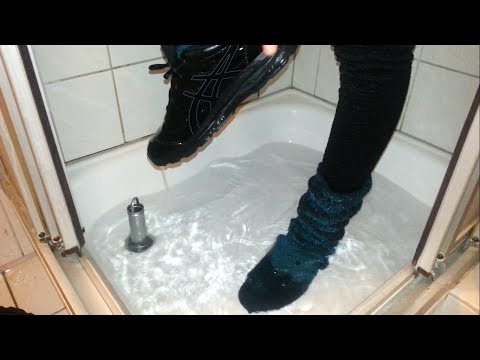 Wetlook - Kristen in the shower soaking black sneakers and large woolen socks