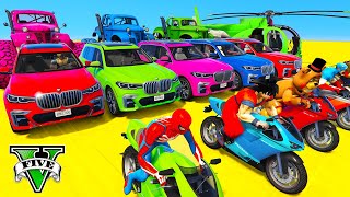 Spiderman Cars Mega Ramp Jump Challenge ! Superhero Hulk Jetski Planes Motos Trevor Friends - Gta V