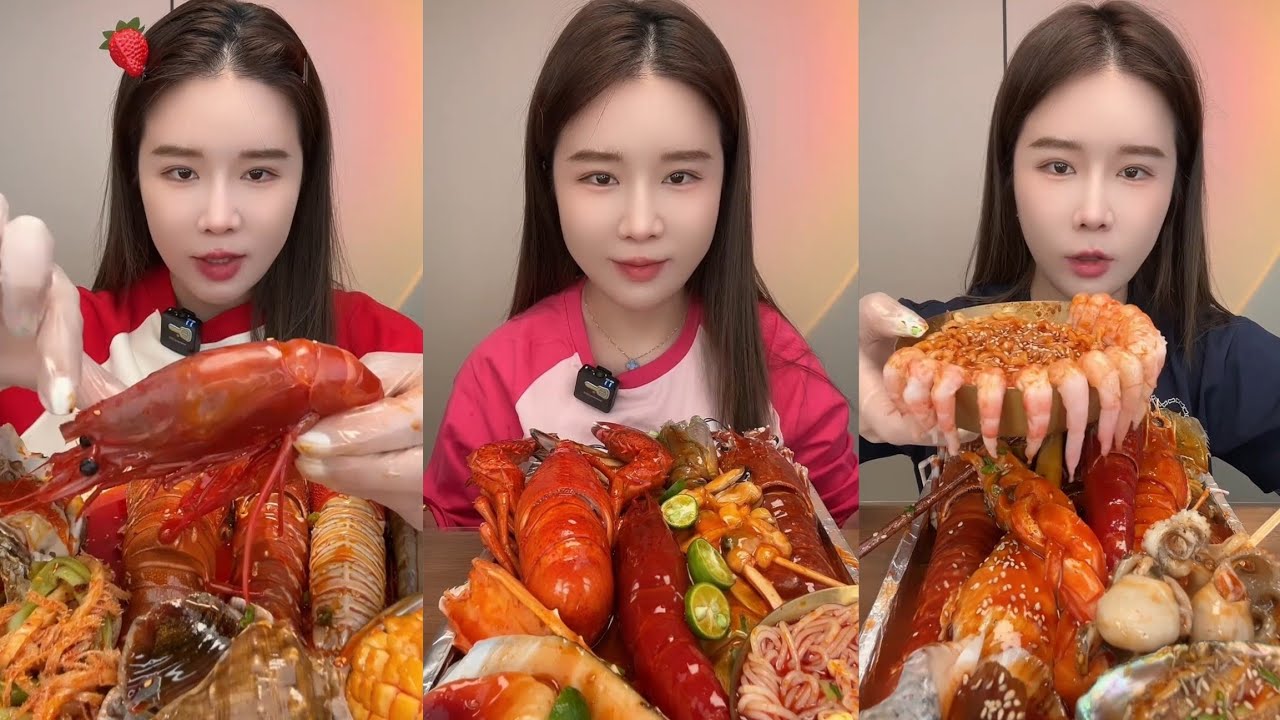 Yummy #311:Eat seafood 🦞 salmon red devil shrimp 🍤🦐 squid 🦑🐙 lobster#mukbang #yummy #delicious 