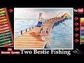 Two Girls Best Friends Fishing Scenery Drawing I How To Draw Girls Fishing On Bridge Step By Step