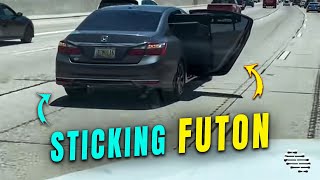 Futon Sticking Out past Car’s Rear Door on Freeway