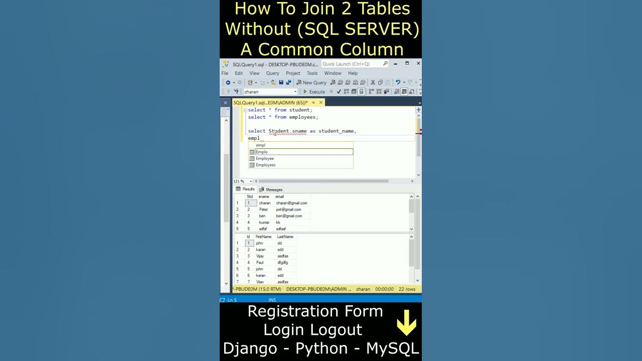 Two Tables Join Without Common Columns Fields SQL Server ssms - YouTube