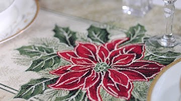 Gold Christmas table runner with poinsettia flower, festive Christmas table decoration, housewarming