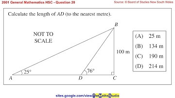 2001 General Maths HSC Q20 Find unknown side using right-angled trigonometry with nested triangles