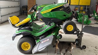 John Deere S240 yearly maintenance- and new blades, also Dak the barn cat stops by 🐈