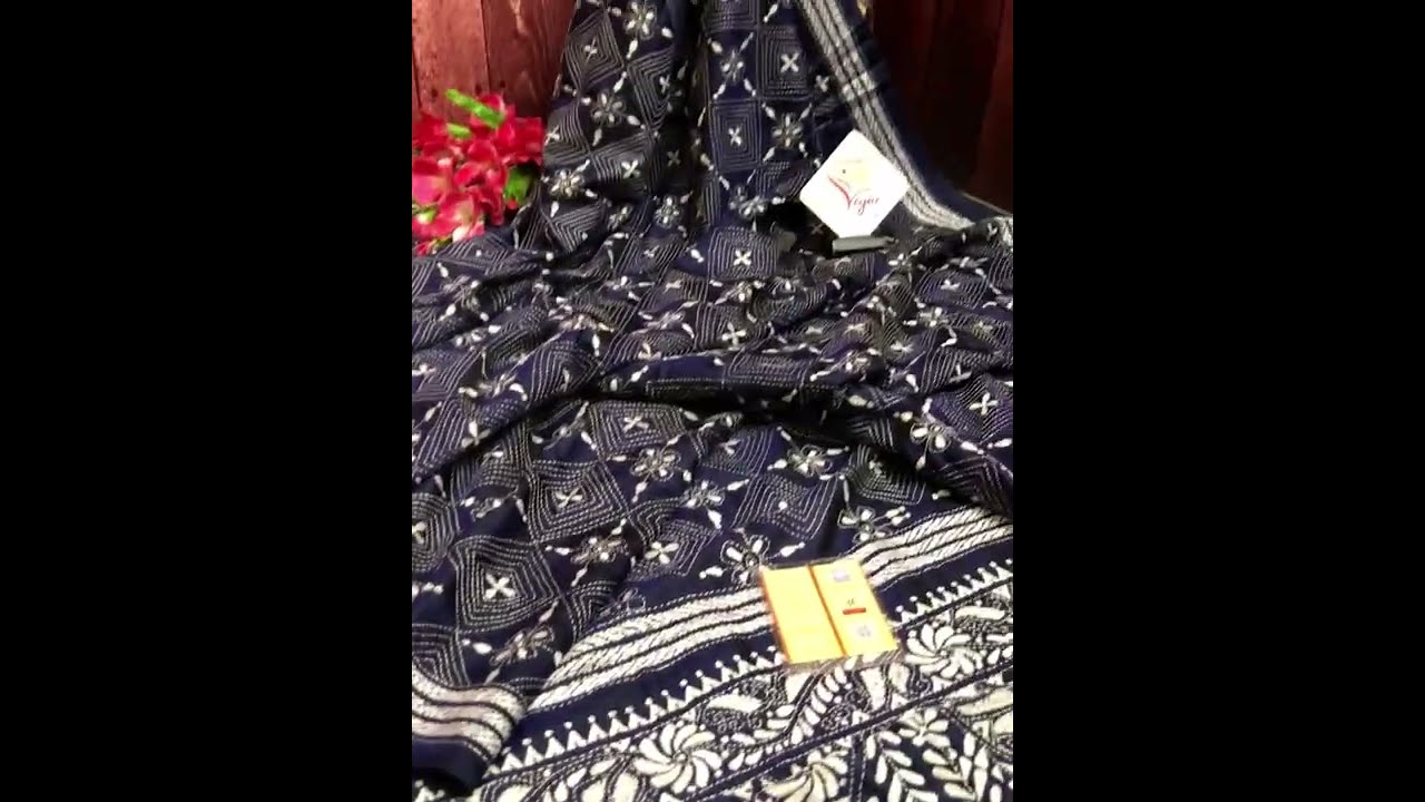 Space Blue Color Bangalore Silk Saree with Kantha Stitch Work