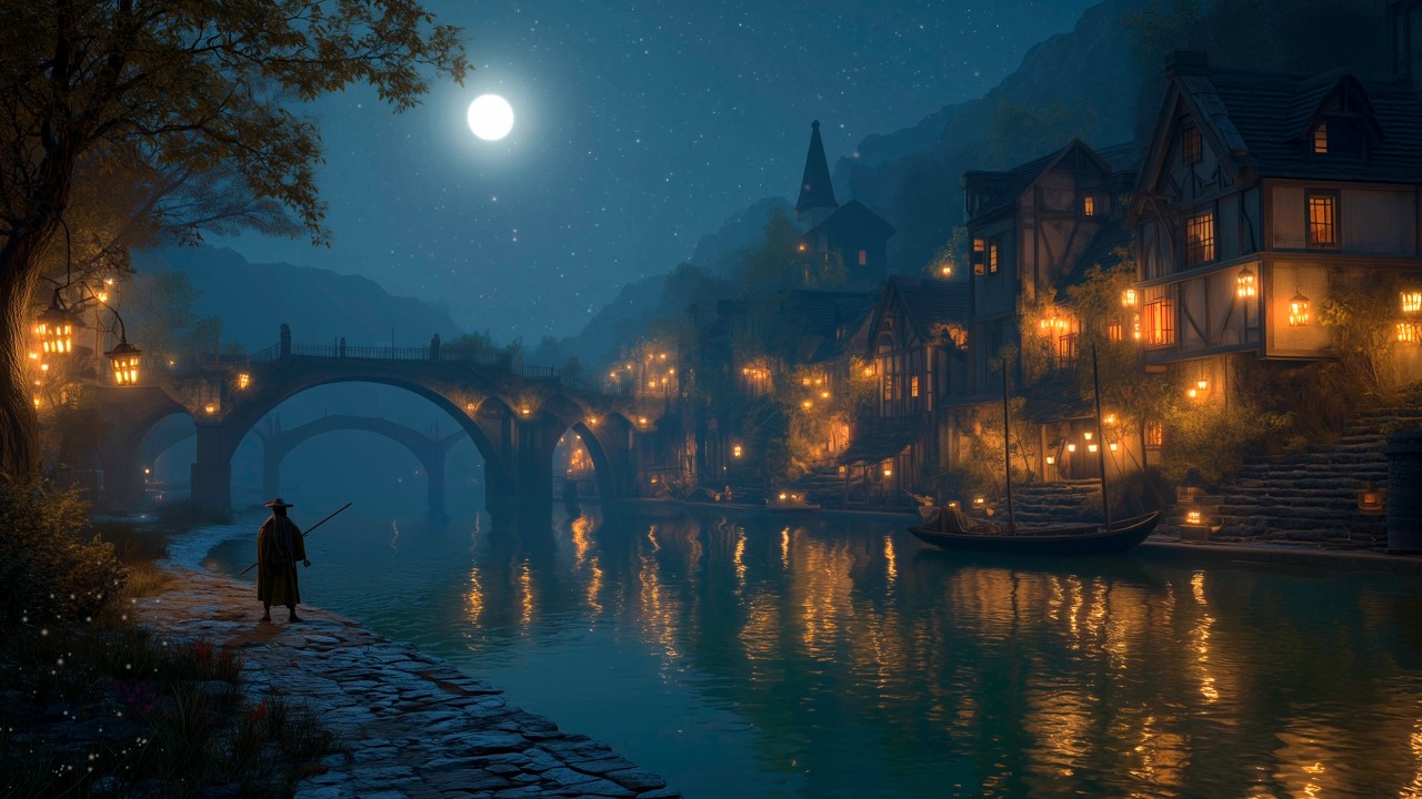 Fantasy Medieval Ambient | Moonlit River Town 🌙 Calm Music for Sleep & Relaxation