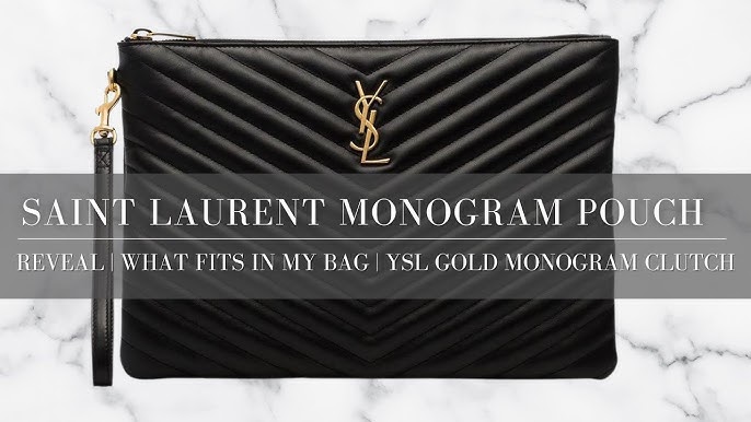 Yves Saint Laurent Light Grey Quilted Pebbled Leather Monogram Large Bill  Pouch Wristlet Bag - Yoogi's Closet
