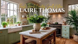 Claire Thomas’ Fresh French Country Small Kitchen  Light Sage Greens and White Timeless French Country Kitchen In Elegant White And Sage Green