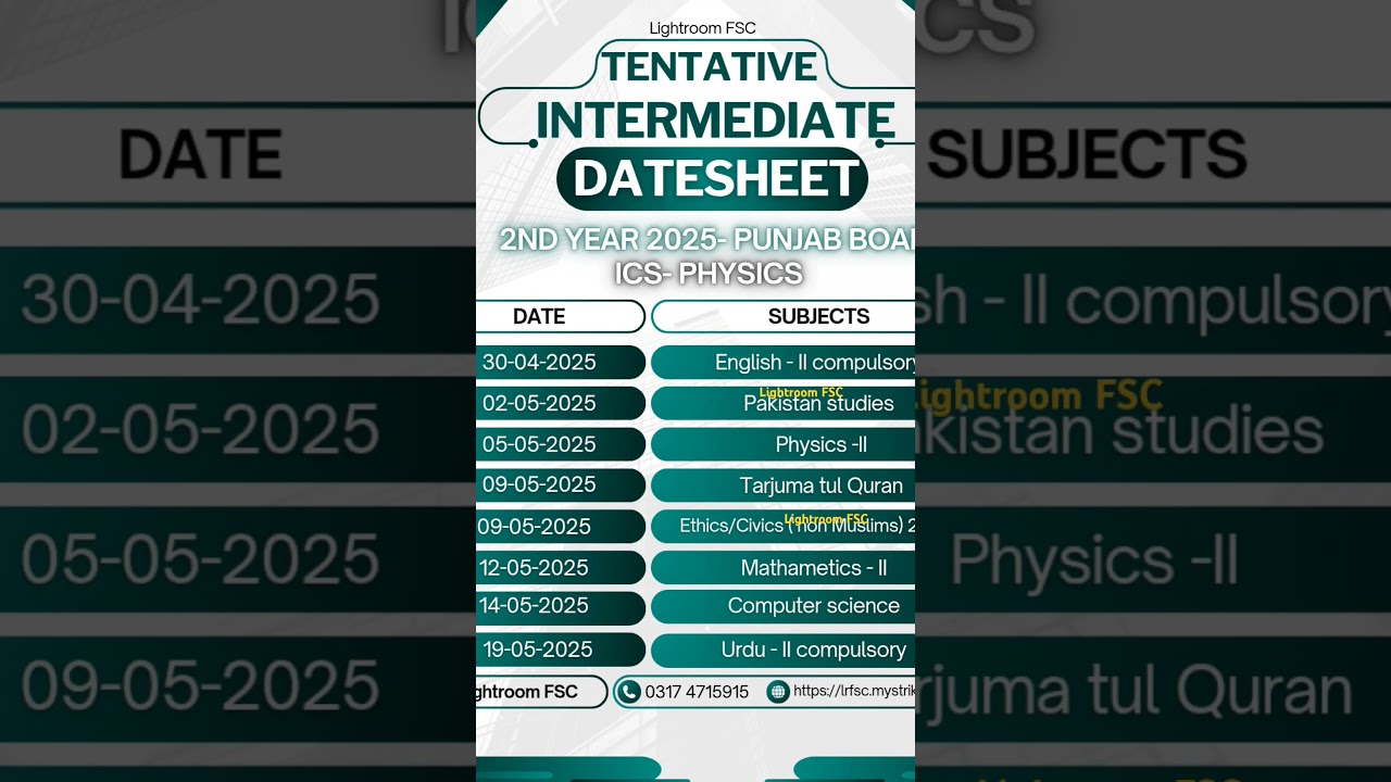 2nd year Tentative datesheet for all Punjab board 2025