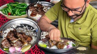 Eating Lunch(Rice & Spicy Meat Curry, Kala Bhuna) With Friends at Nowhata Hat, Rajshahi