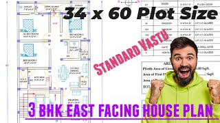 34 x 60 East Facing 3 BHK House Plan as Per Standard Vastu. Plot Size 34 x 60 feet.Well ventilated .