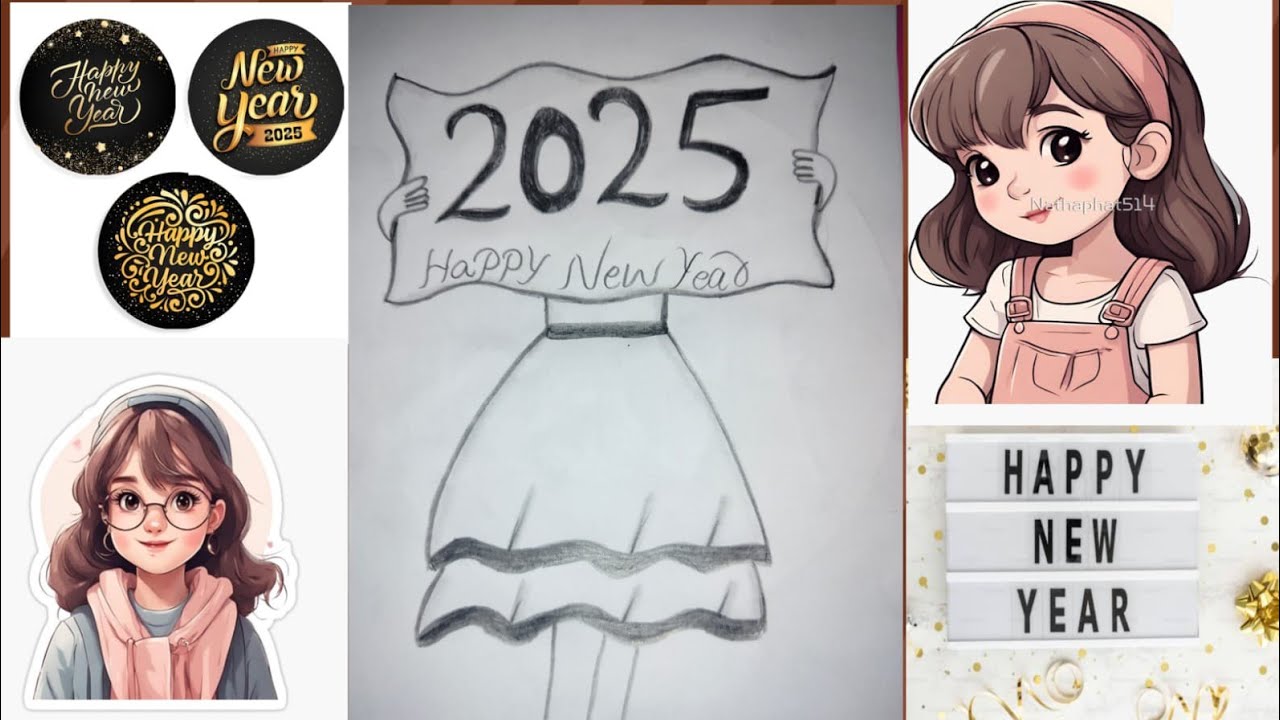 How to draw Happy new year drawing 2025 girl drawing very easy drawing ...
