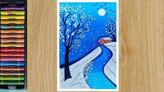 How to draw beautiful winter snowfall scenery with oil pastel/for beginners step by step